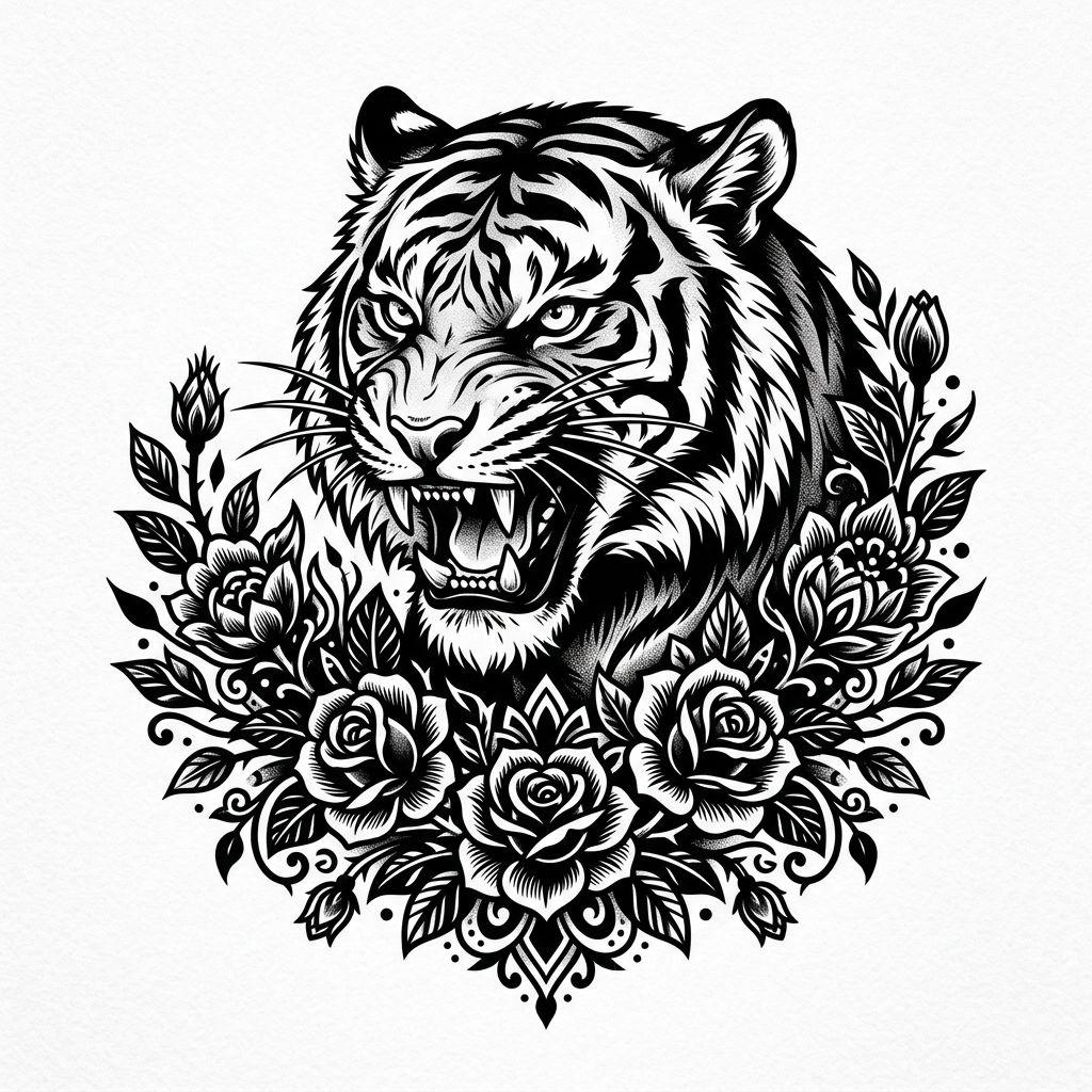 blume-tattoo tiger zwischen blumen