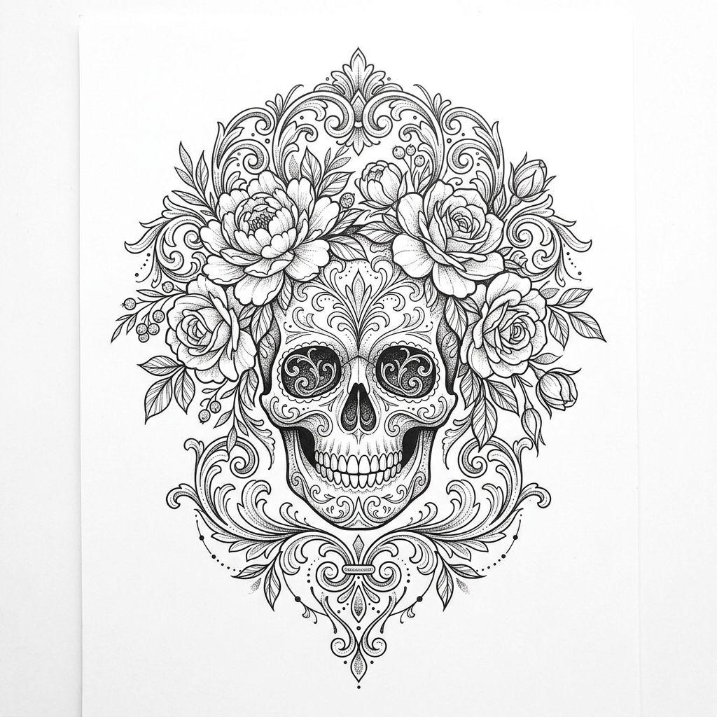 blume-tattoo ornamentaler blütenschädel
