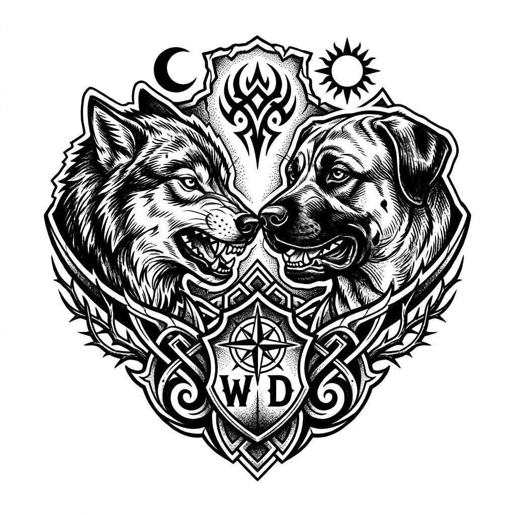 hund-tattoo wolf und hund blackwork