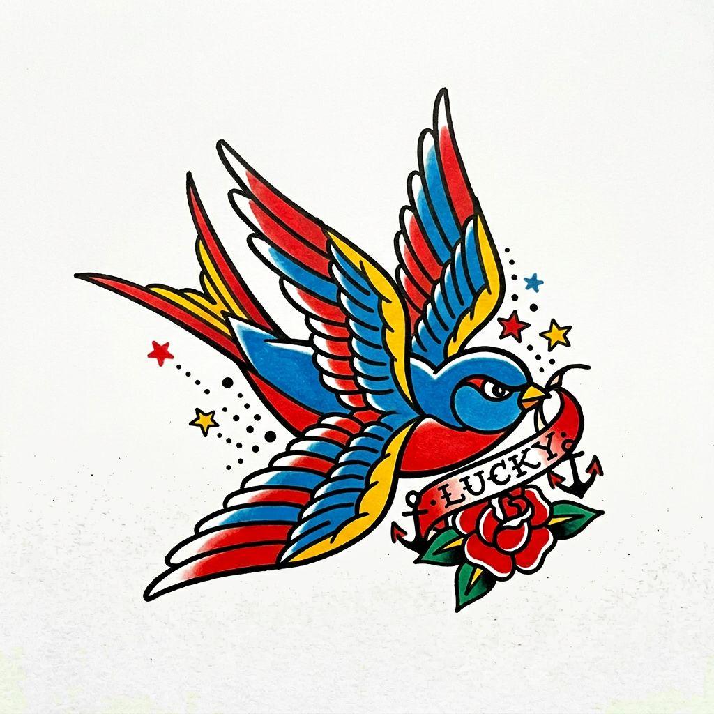 idée tatouage cou cou old school hirondelle