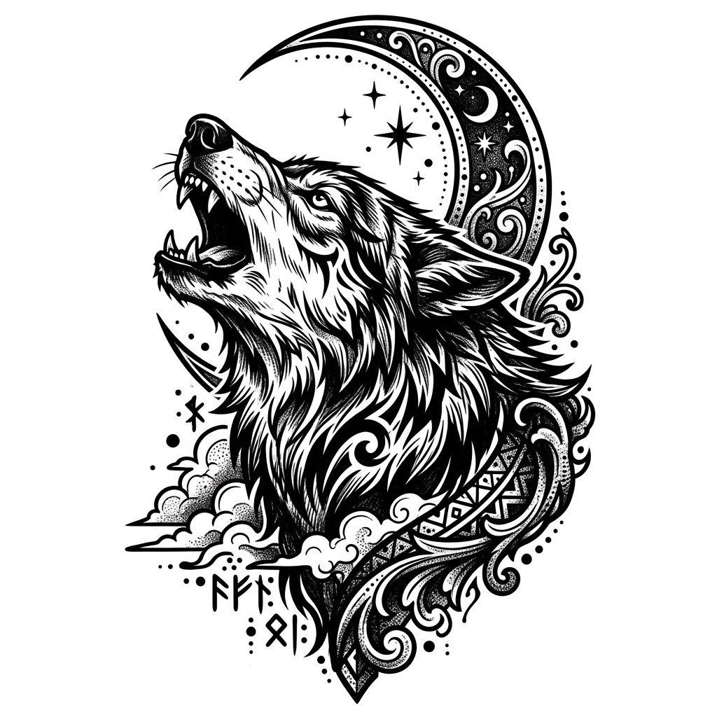 rücken-tattoo mystischer wolf blackwork