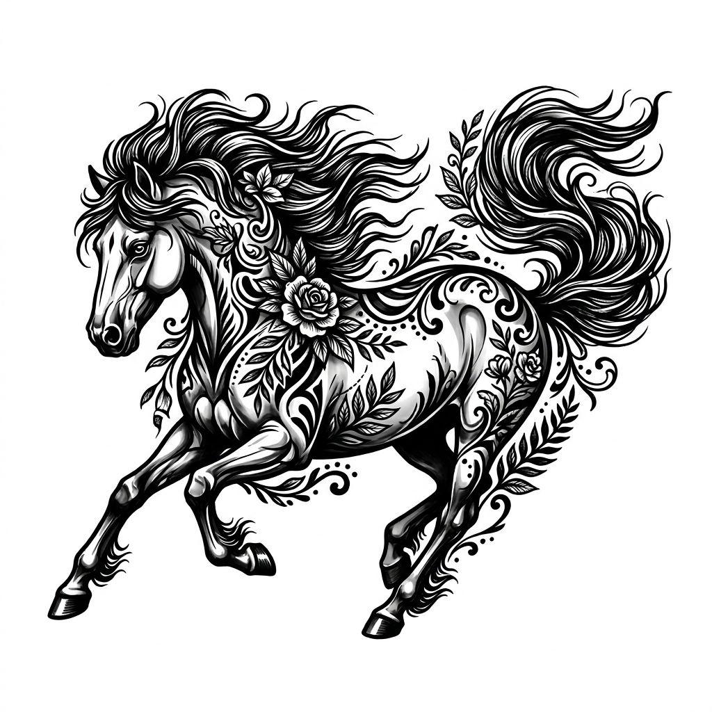 frau-tattoo wildes pferd