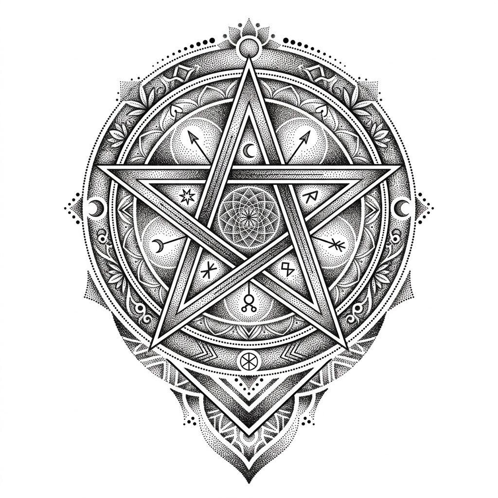 idée tatouage main homme pentagramme dotwork