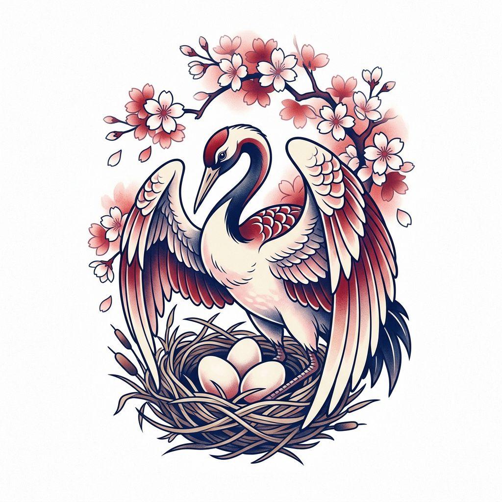mama-tattoo schützender japanischer kranich