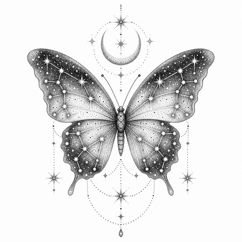 schmetterling-tattoo dotwork-schmetterling mit sternen