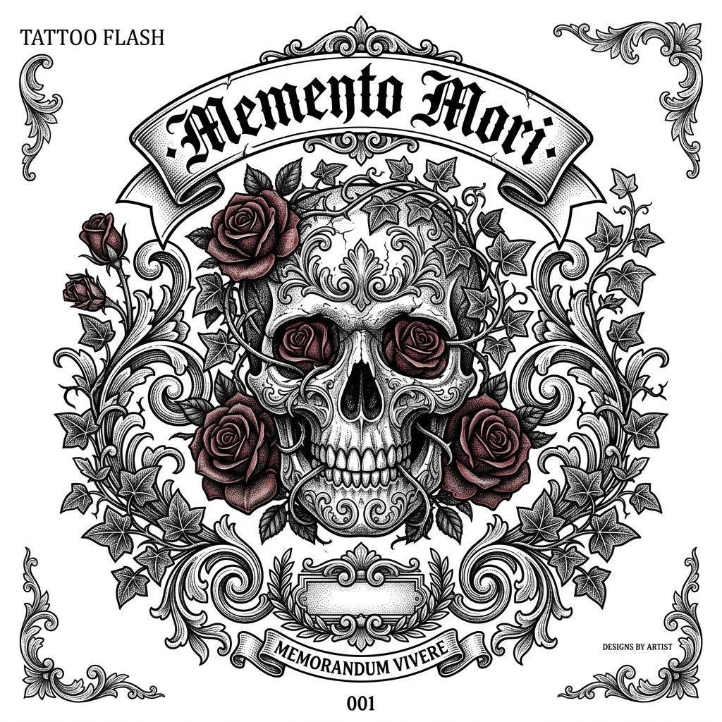 trauer-tattoo totenkopf und rosen memento