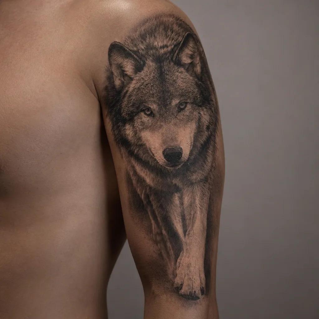 idée tatouage bras loup réaliste vertical