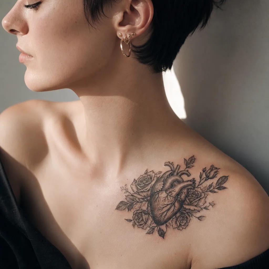 idée tatouage coeur coeur entoure roses