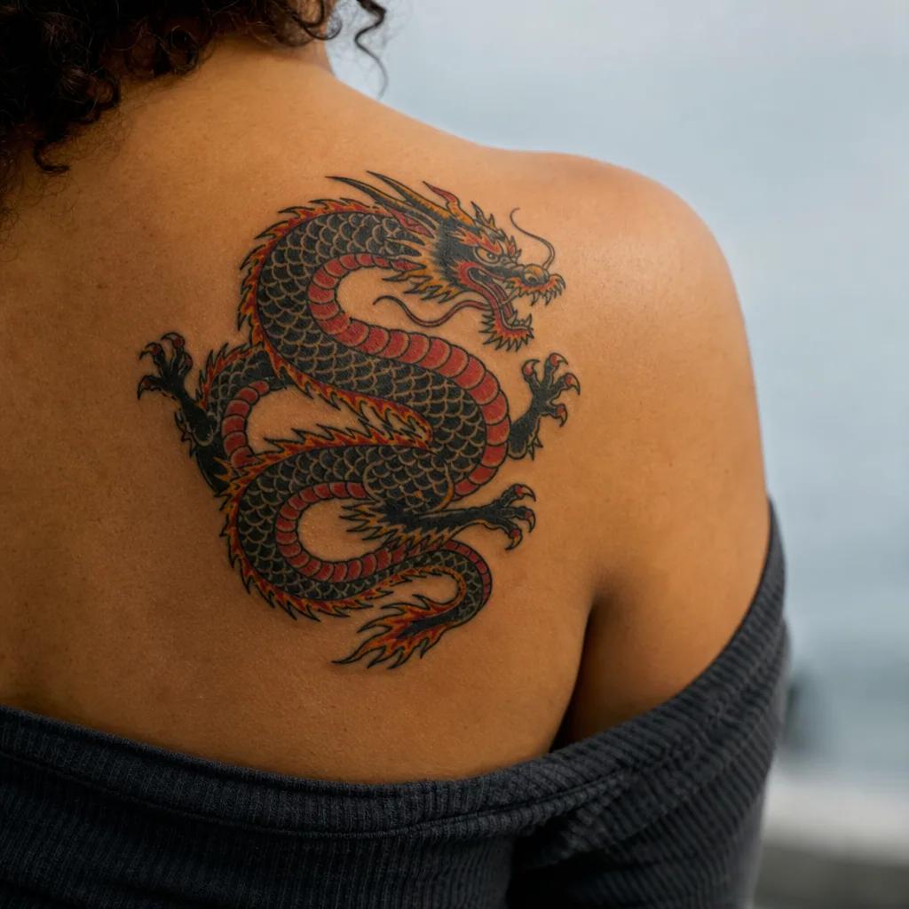 drache-tattoo drache old school flammend