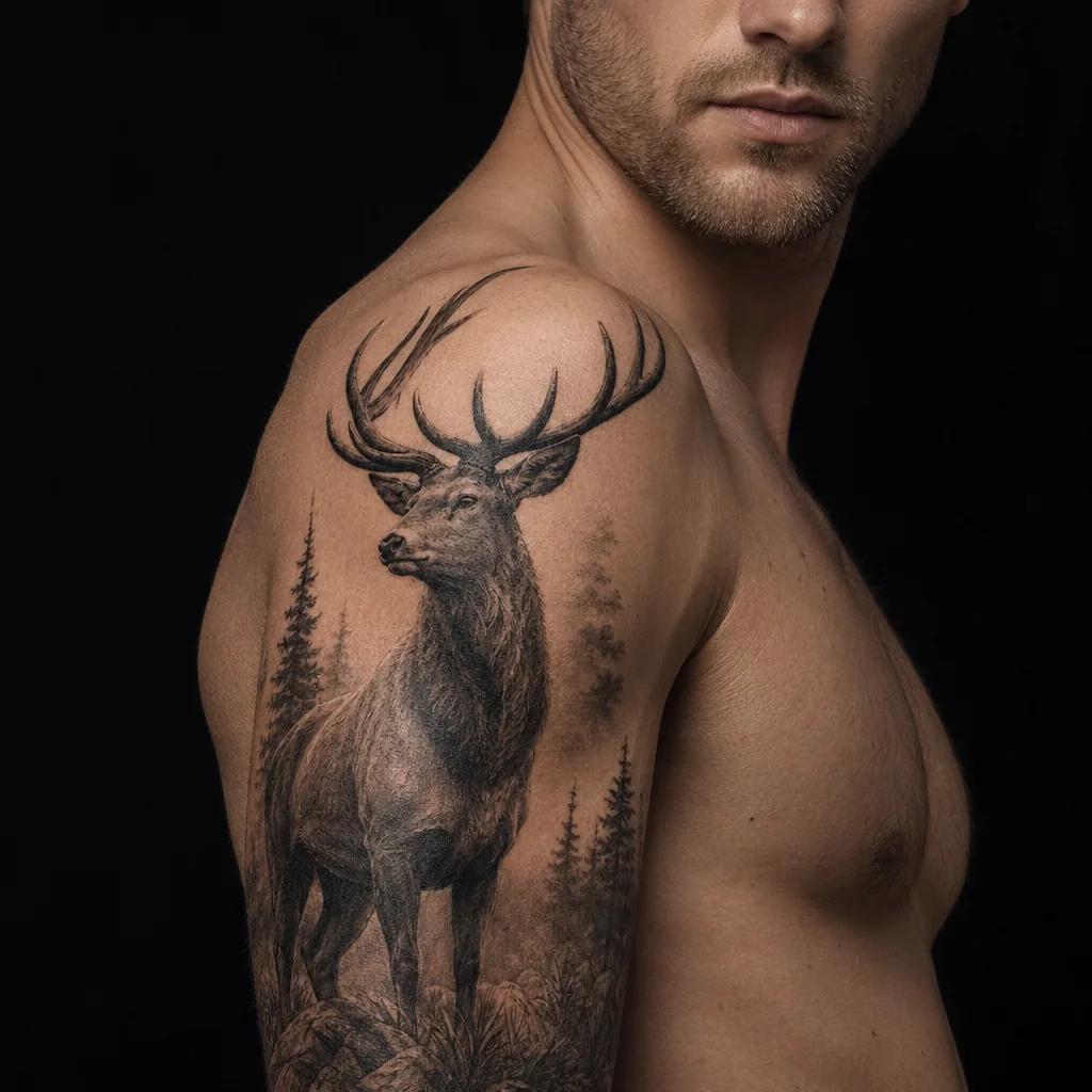 idée tatouage épaule cerf réaliste majestueux