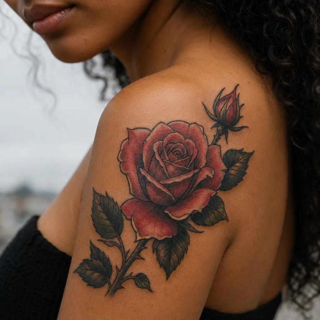 idée tatouage épaule rose néo-traditionnelle