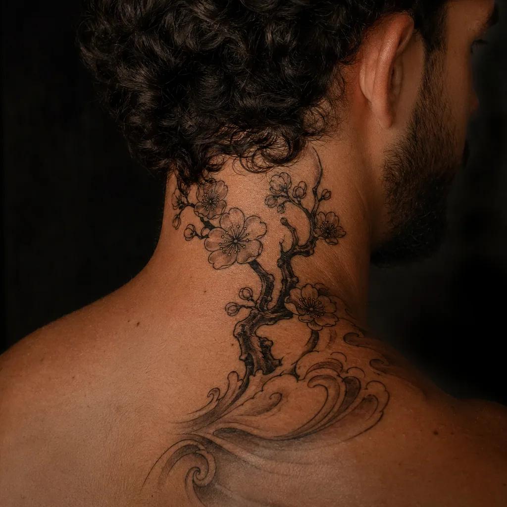 hals-tattoo japanische kirschblüte