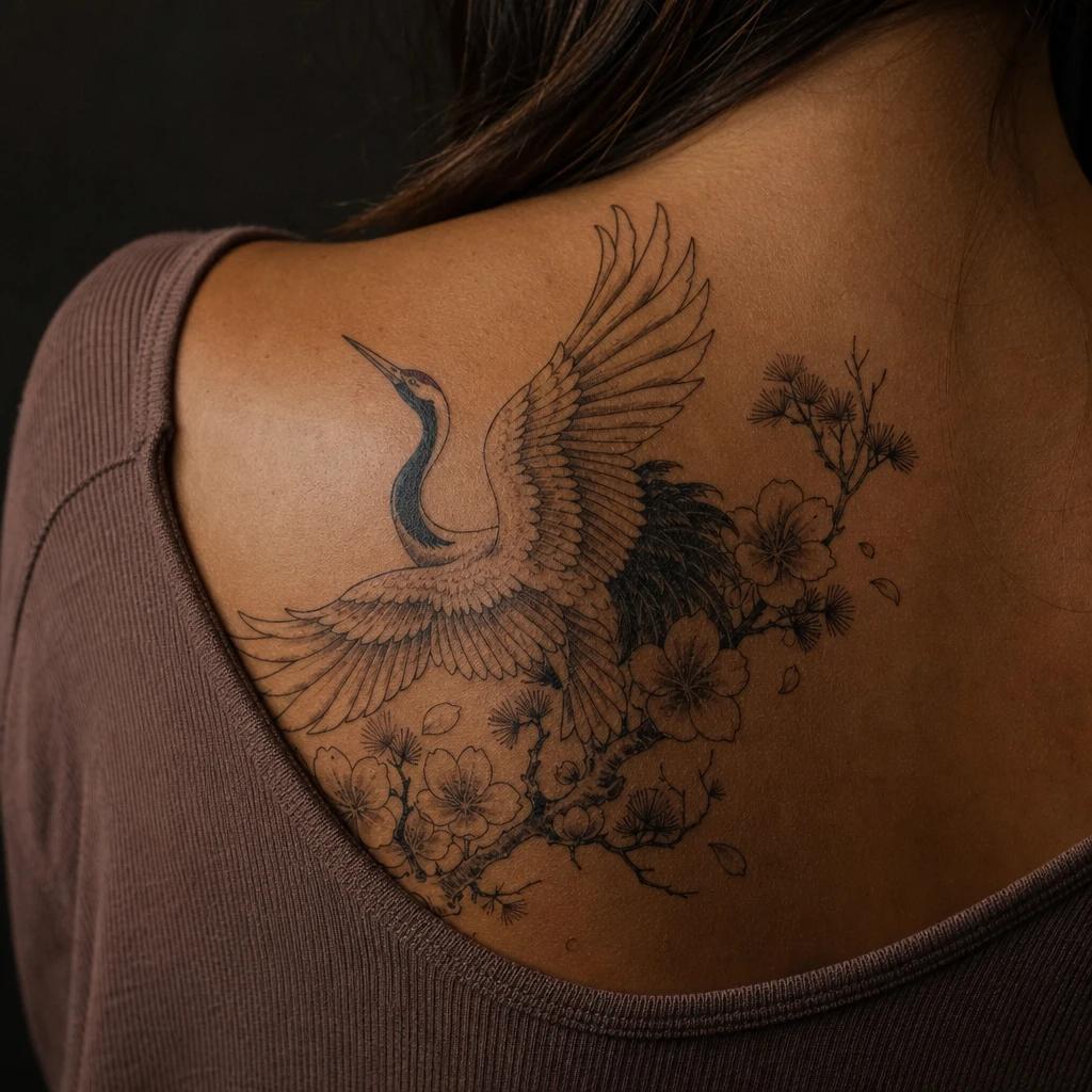 mama-tattoo schützender japanischer kranich