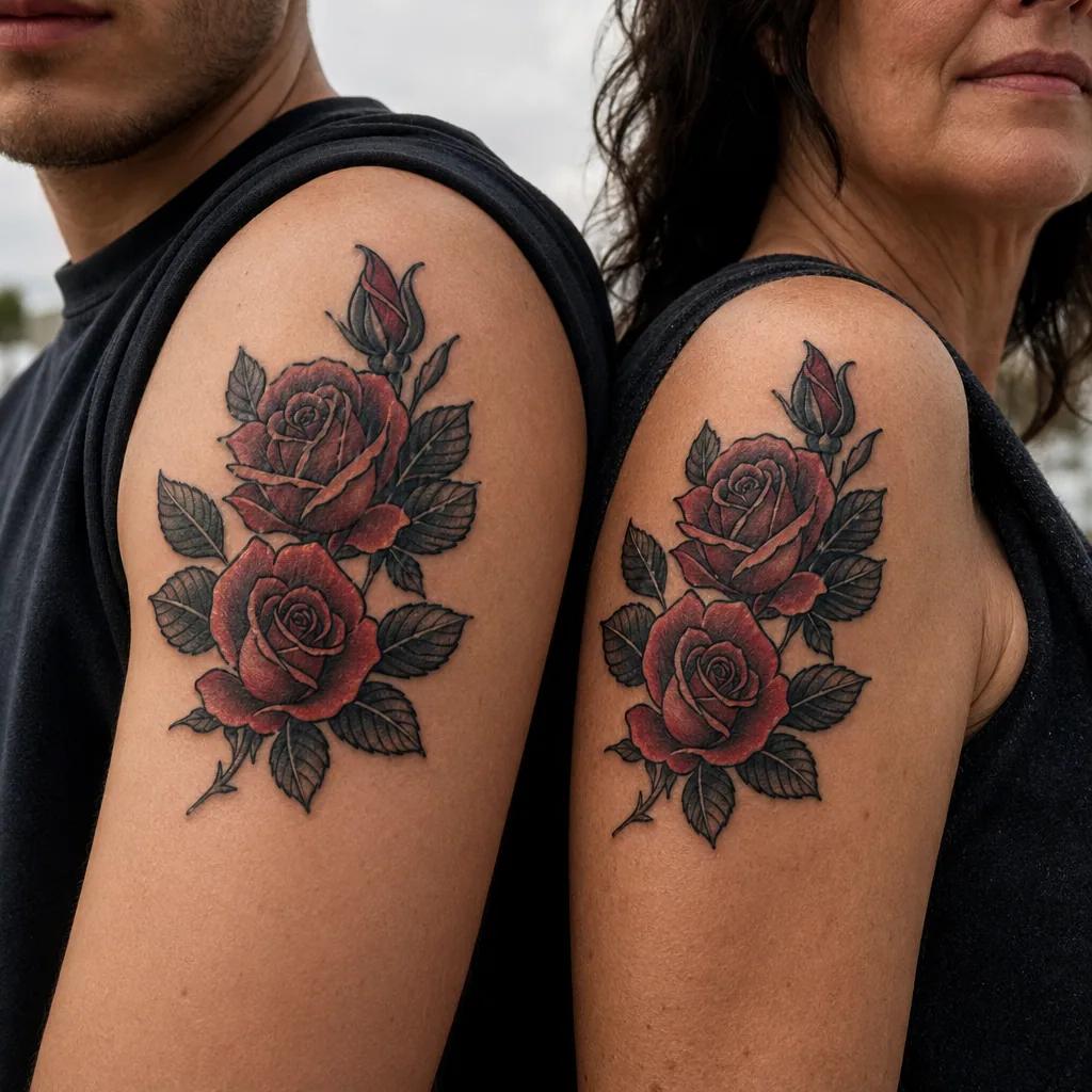 idée tatouage mère et fils roses néo-traditionnelles