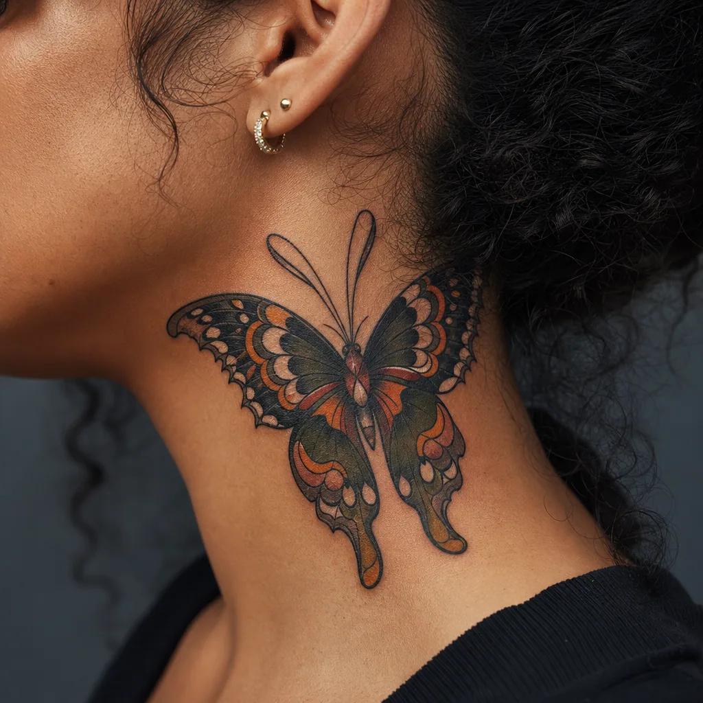 nacken-tattoo neo-traditional schmetterling