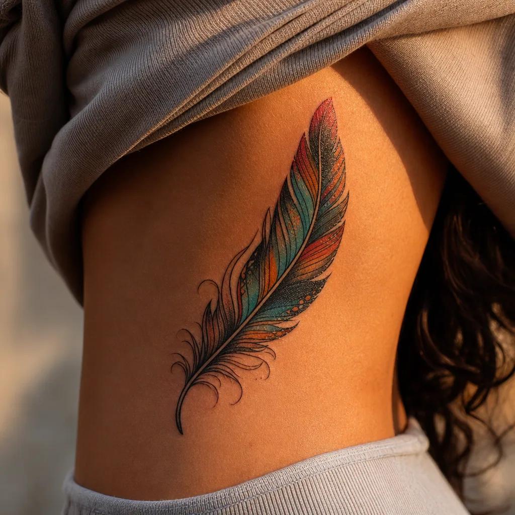 idée tatouage plume plume néo-traditionnel colorée
