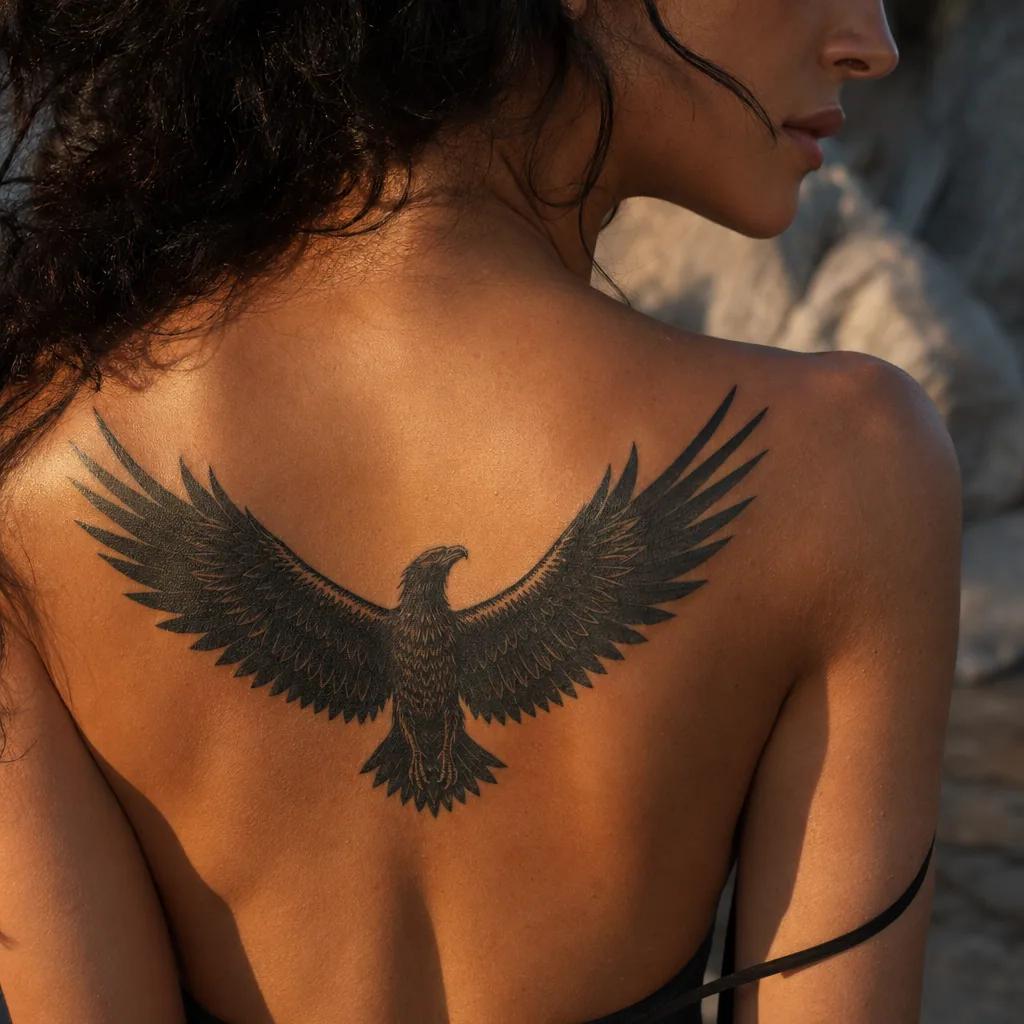 rücken-tattoo adler blackwork mit offenen flügeln