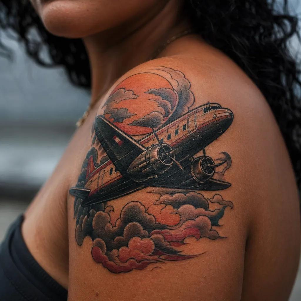idée tatouage voyage avion néo-traditionnel