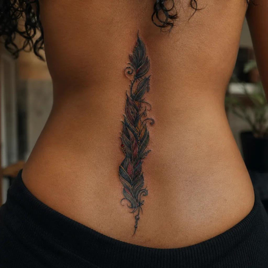 wirbelsäule-tattoo neo-traditional federn