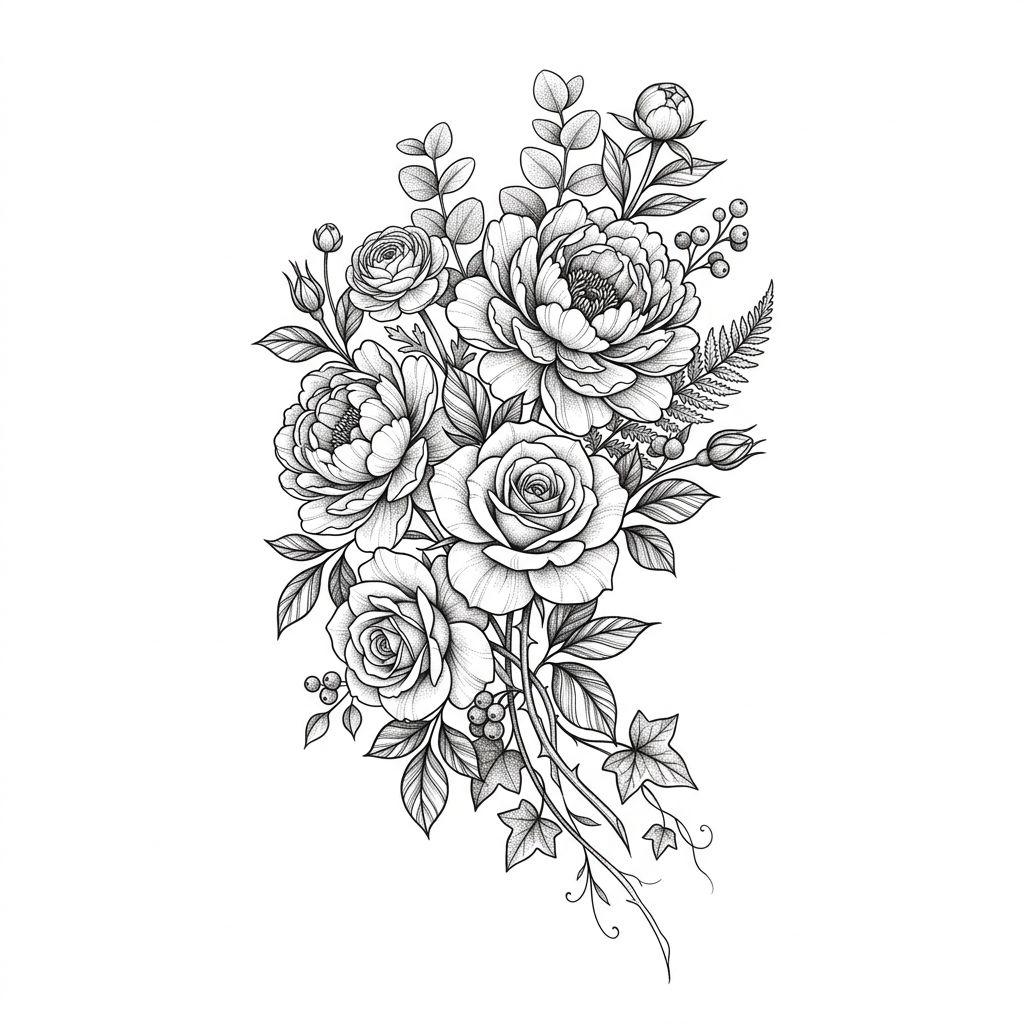 oberschenkel-tattoo detaillierter blumenstrauß