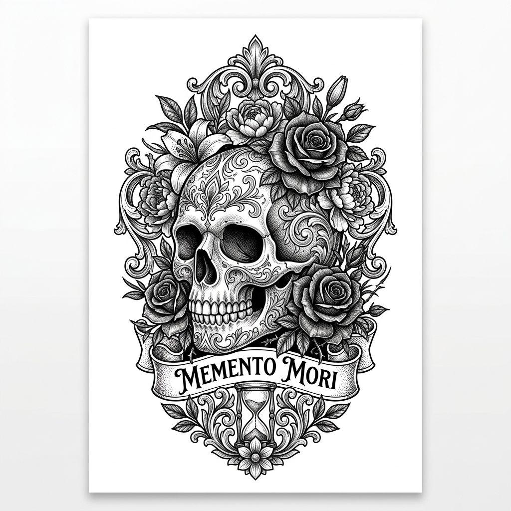 oberschenkel-tattoo ornamentaler totenkopf