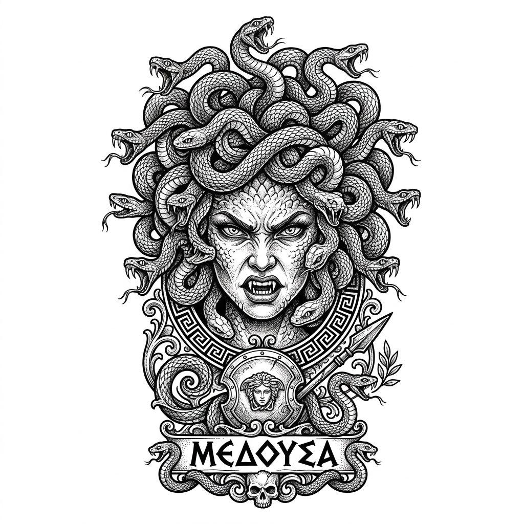 oberschenkel-tattoo mythologische medusa