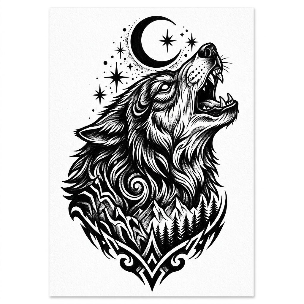 schulter-tattoo heulender wolf blackwork