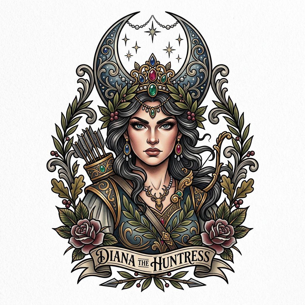 mond-tattoo diana die jägerin neo-traditional
