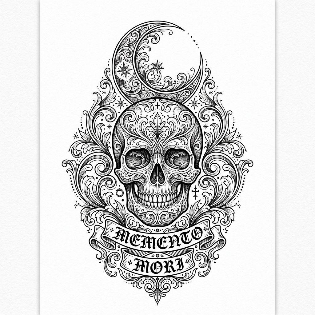 mond-tattoo totenkopf unter dem mond ornamental