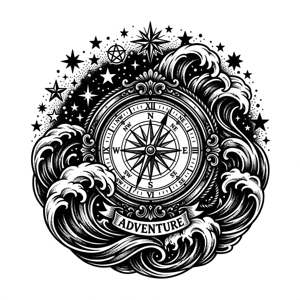 reise-tattoo kompass blackwork