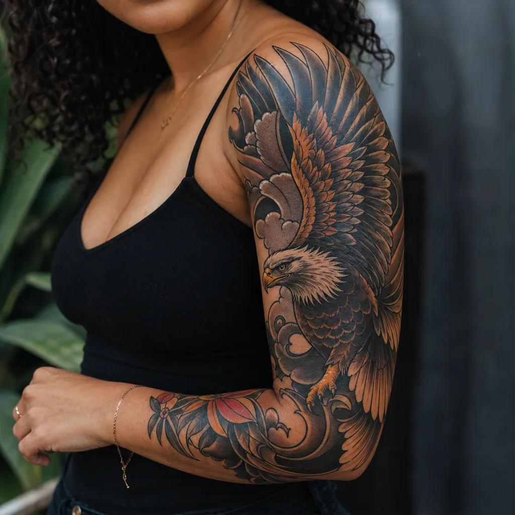 idée tatouage bras aigle néo-traditionnel