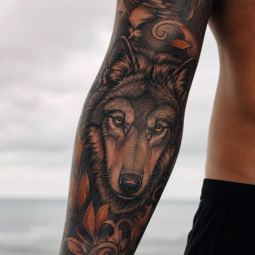idée tatouage bras homme loup néo-traditionnel