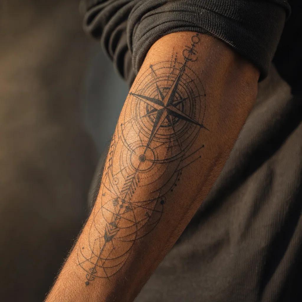 idée tatouage bras homme boussole géométrique