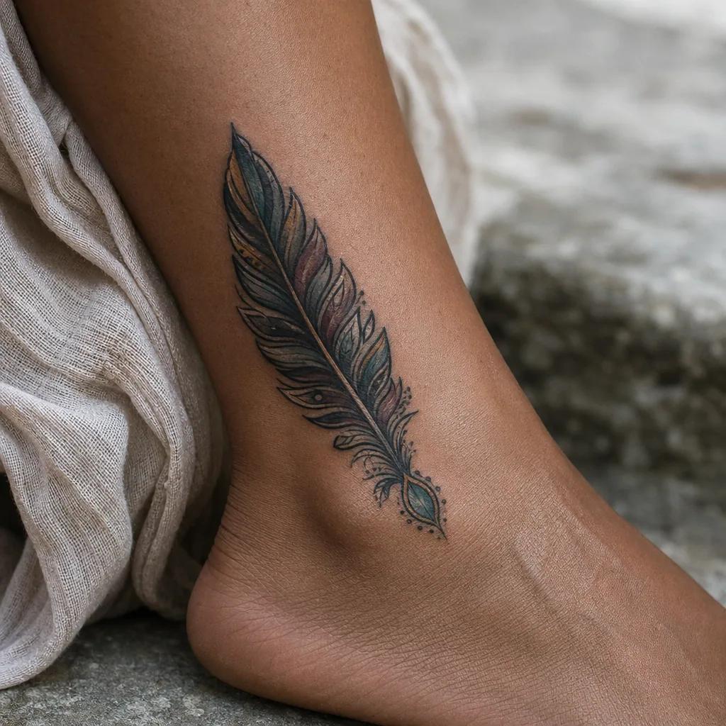 idée tatouage cheville plume néo-traditionnelle