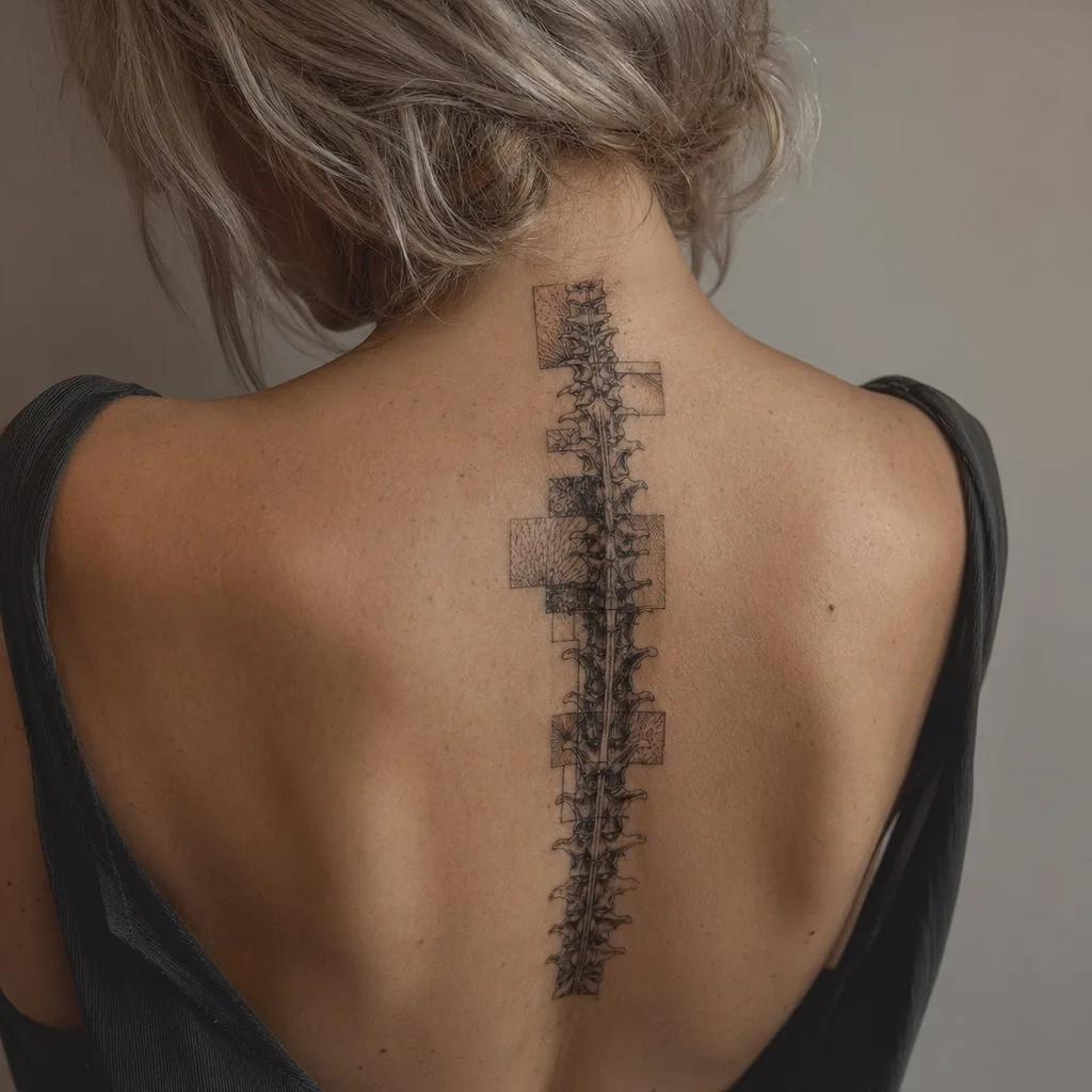 idée tatouage colonne vertébrale patchwork flash dorsal
