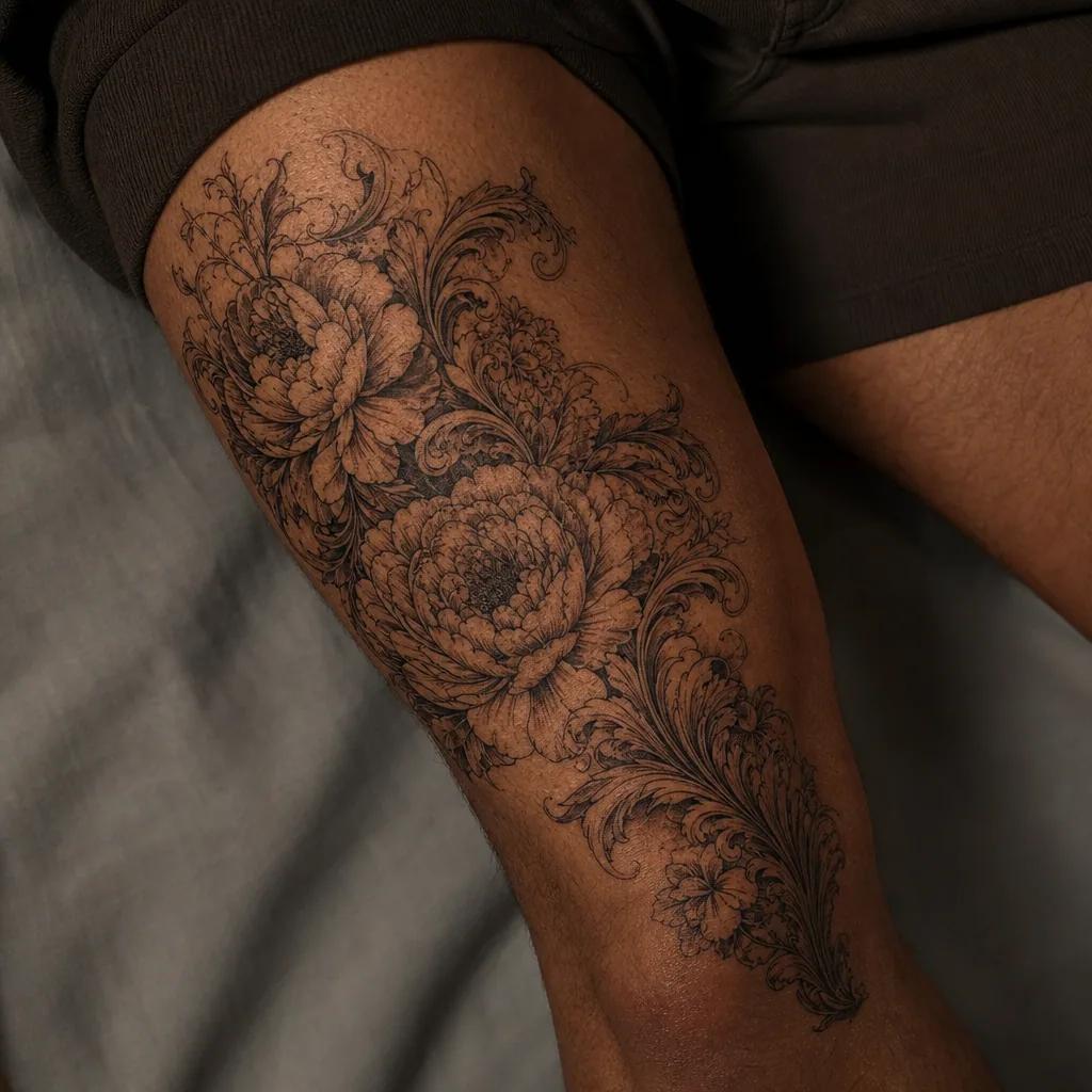 idée tatouage cover bouquet baroque enveloppant