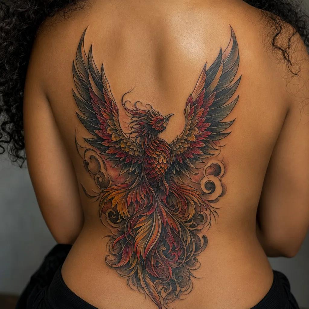 idée tatouage dos phénix néo-traditionnel