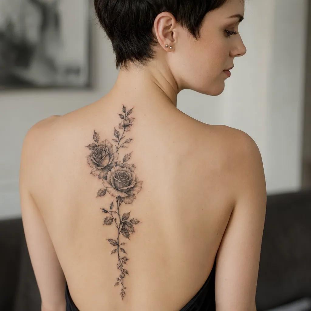 idée tatouage dos roses florales descendantes