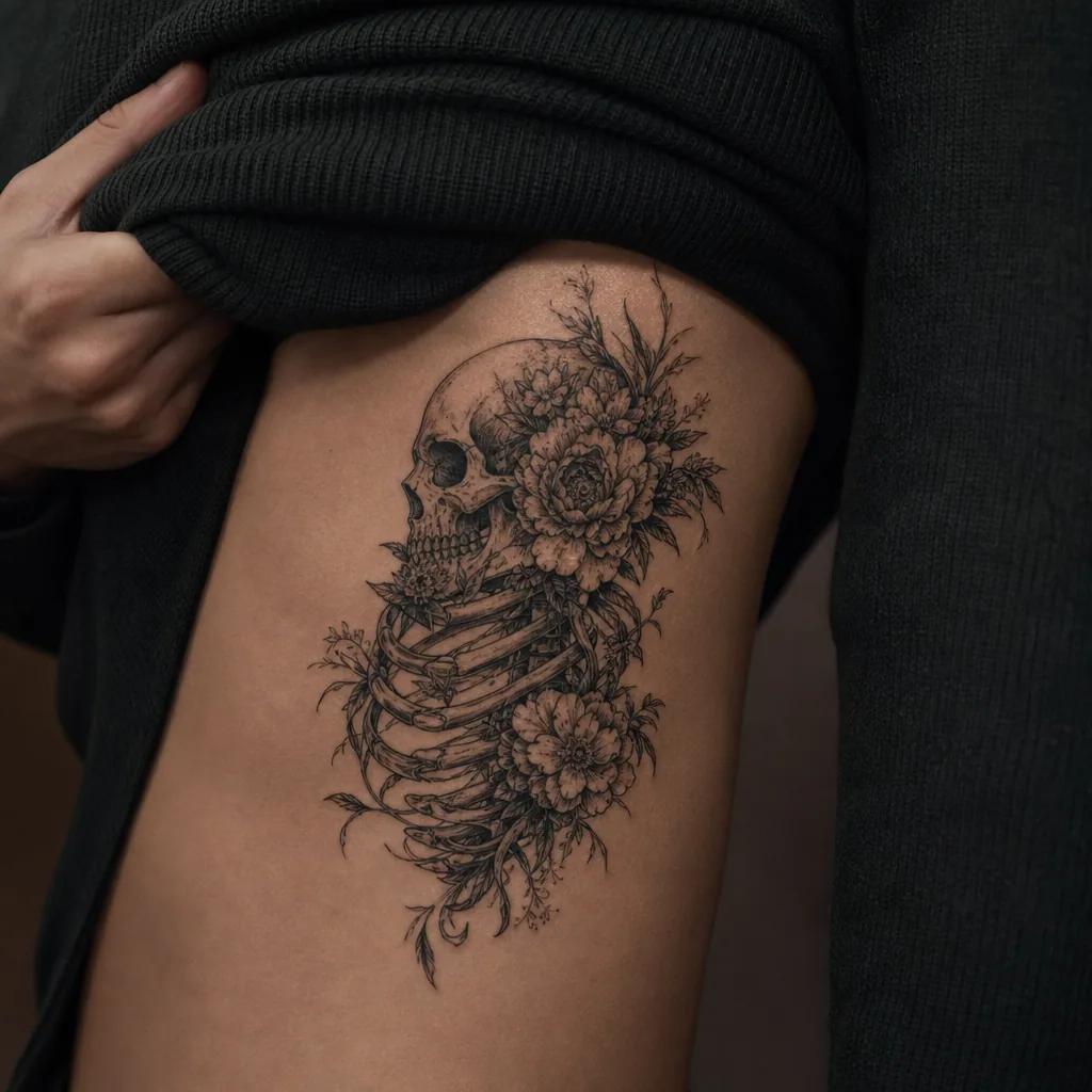 idée tatouage emplacement côtes crâne fleuri