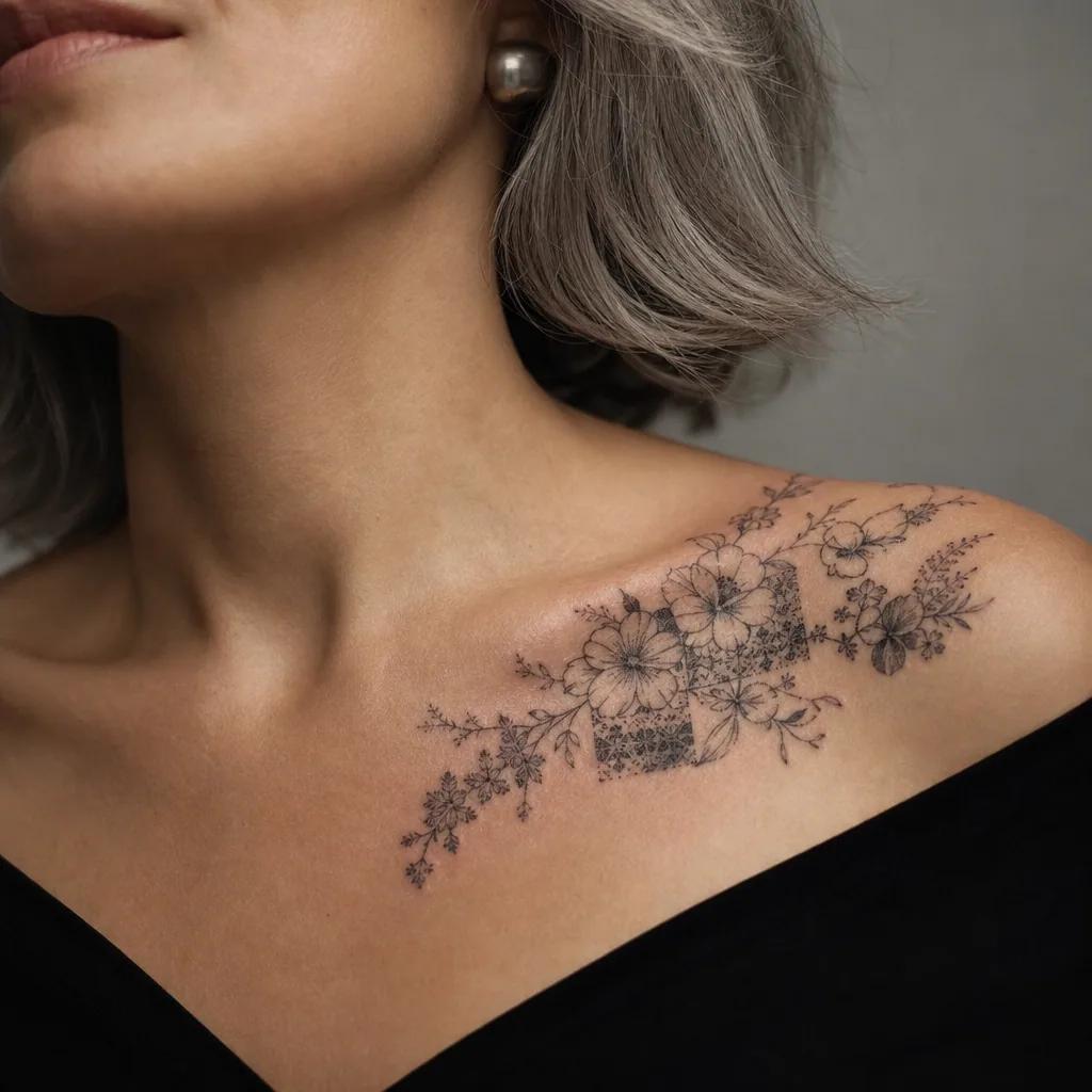 idée tatouage fleur patchwork floral vintage