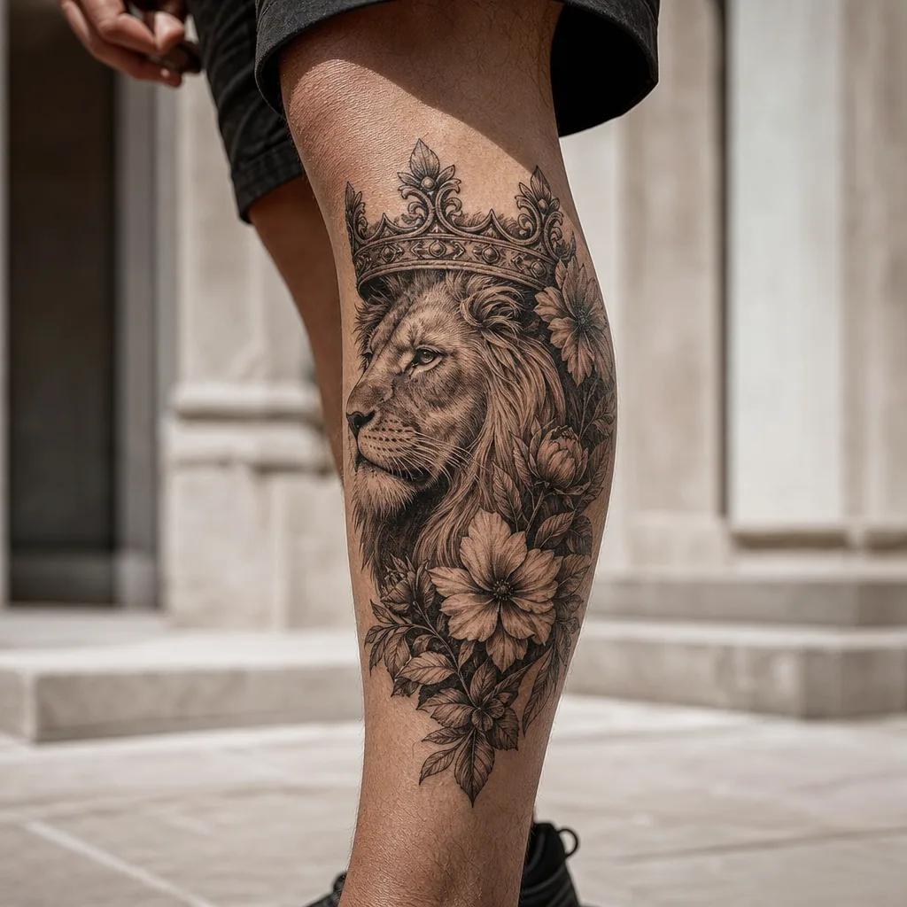 löwe-tattoo gekrönter blumen-löwe