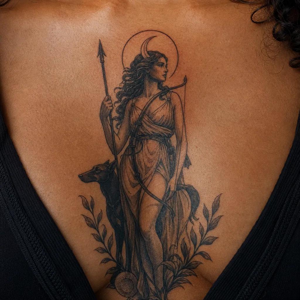 idée tatouage lune diane chasseresse néo-traditionnelle