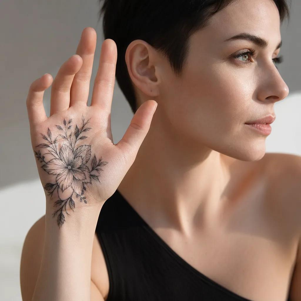 idée tatouage main main floral