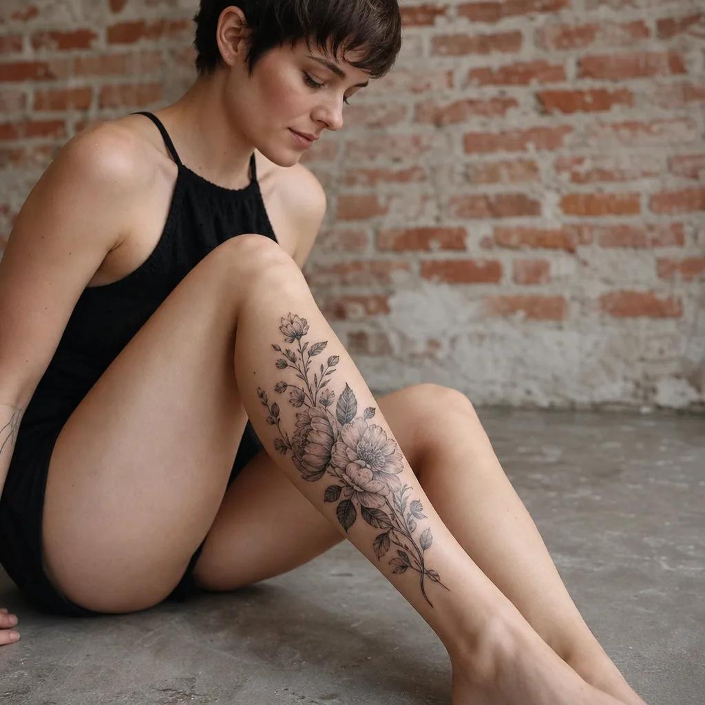 idée tatouage mollet composition florale réaliste