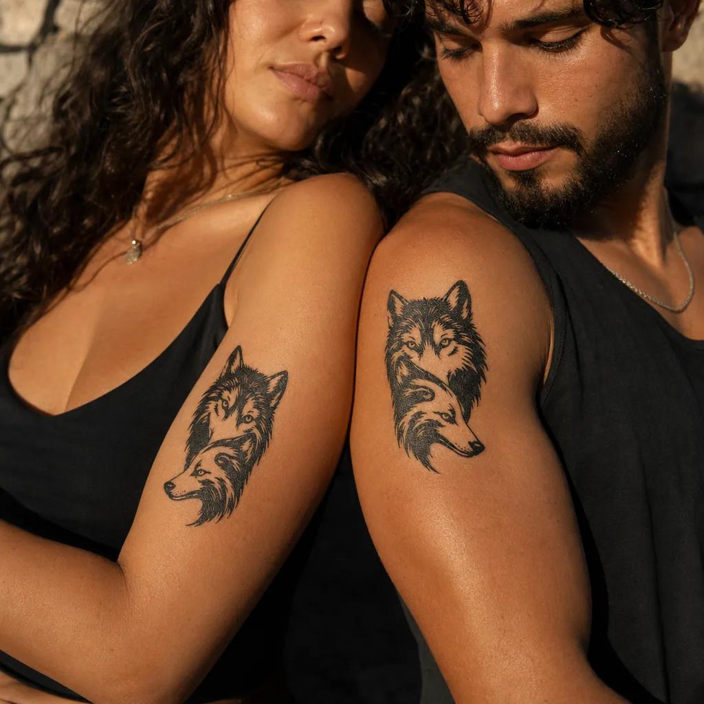 paar-tattoo wolf und wölfin blackwork