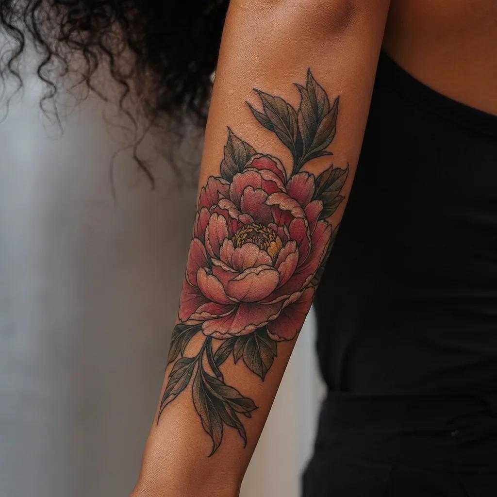 unterarm-tattoo neo-traditional pfingstrose, Foto auf echter Haut