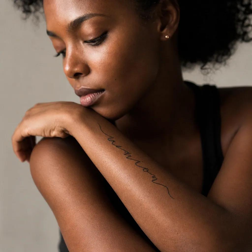 unterarm-tattoo handgeschriebener schriftzug, Foto auf echter Haut