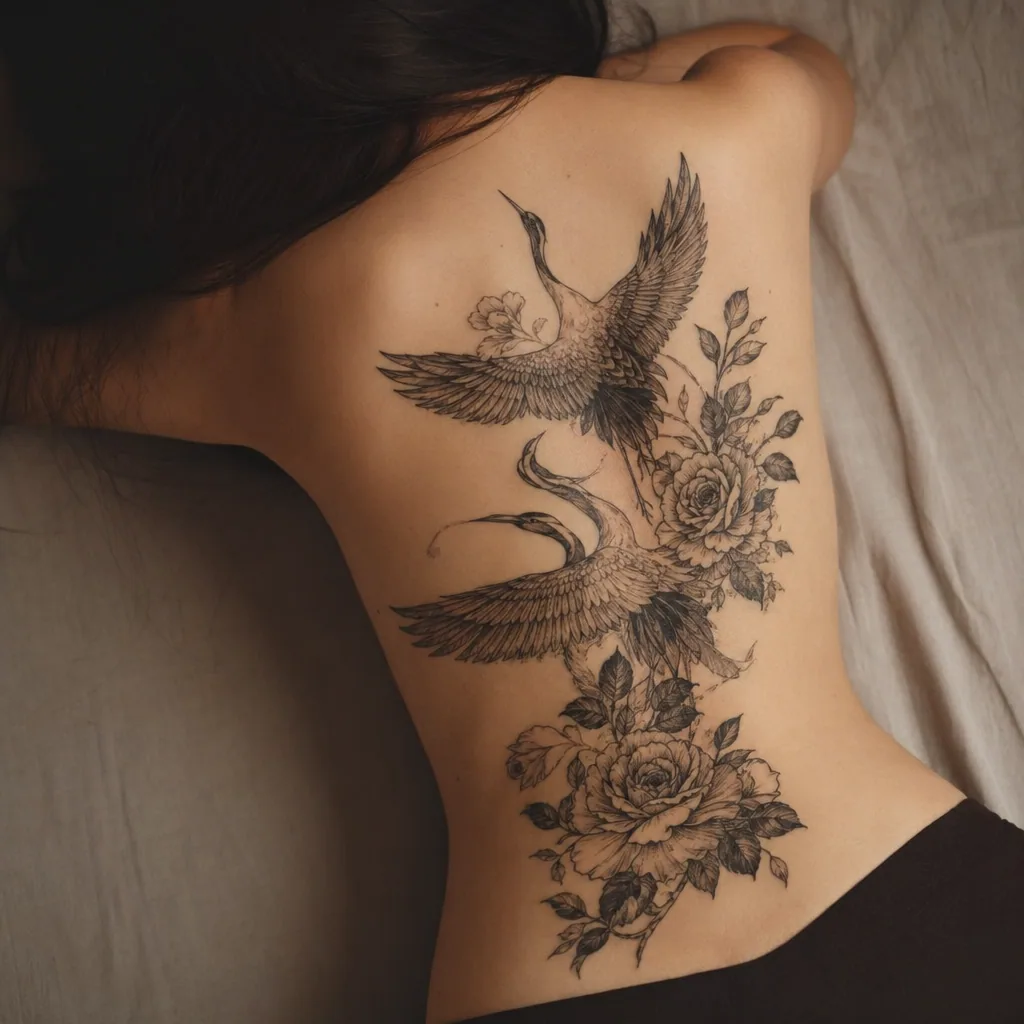 Cranes et roses ornemental